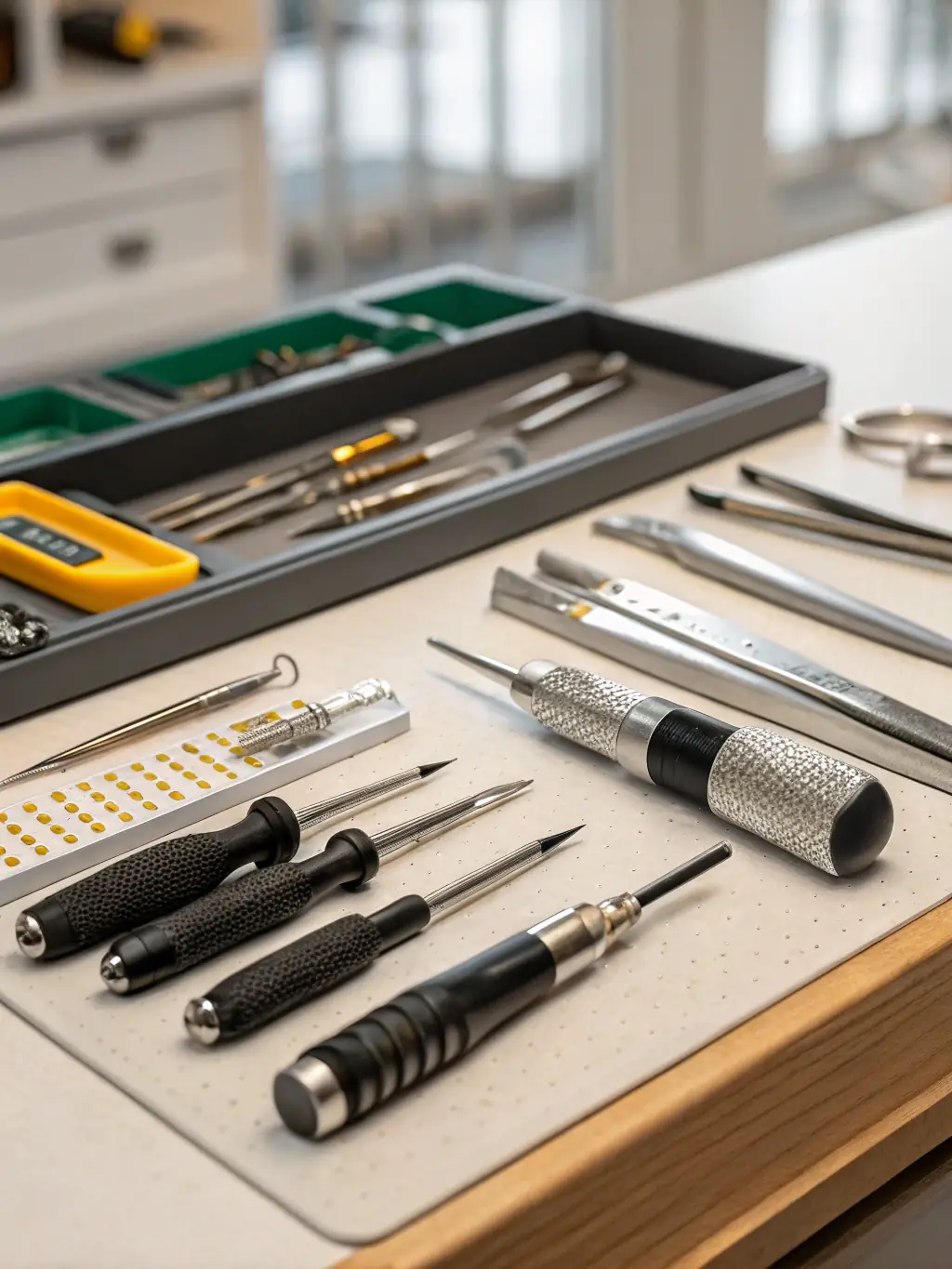 A photo showcasing various tools and materials used for drywall repair, such as joint compound, sandpaper, and taping knives, emphasizing the professional approach of handy-pro24.com.