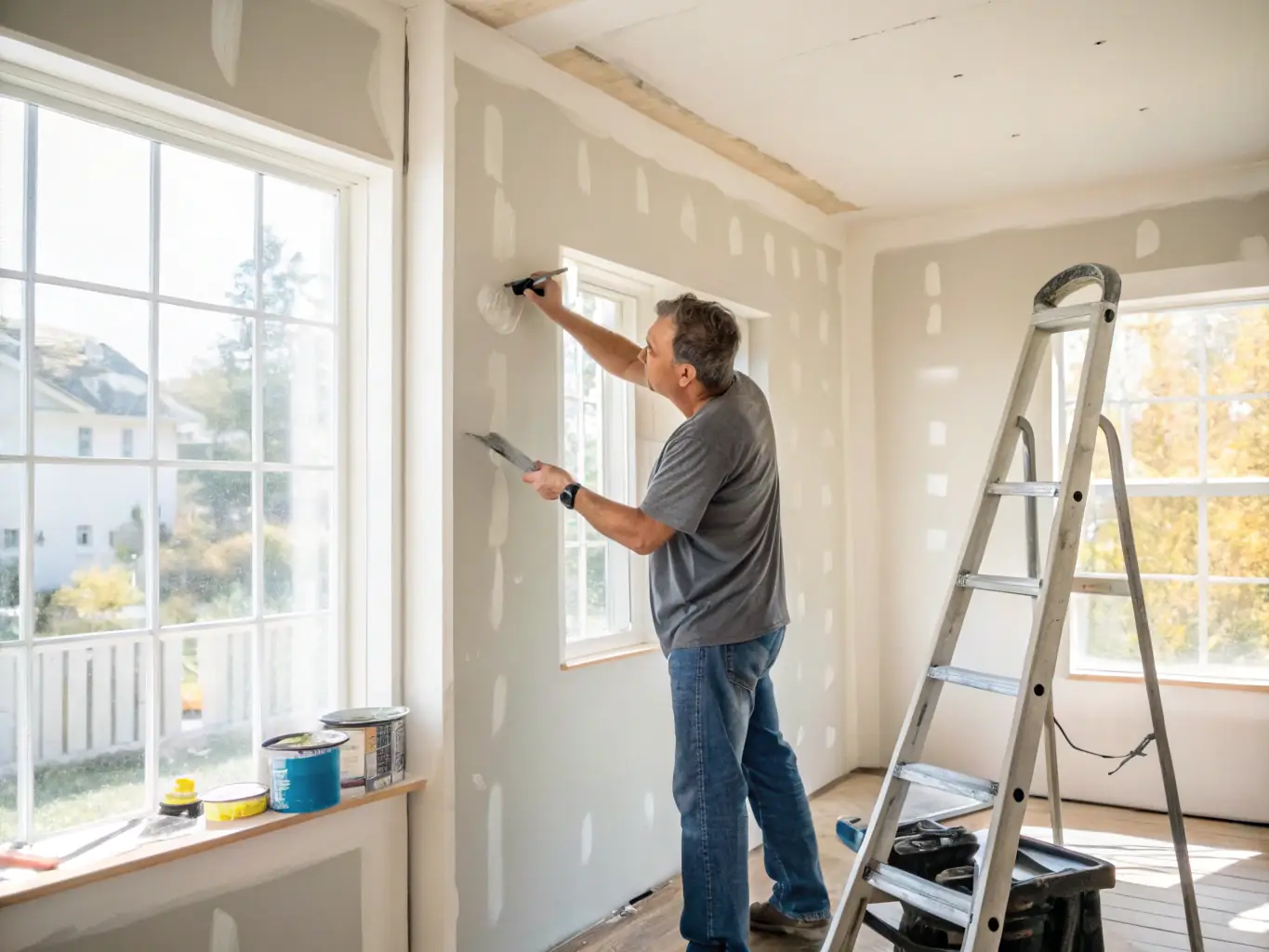 A handyman patching a drywall hole in a Miami home, demonstrating skill and attention to detail.