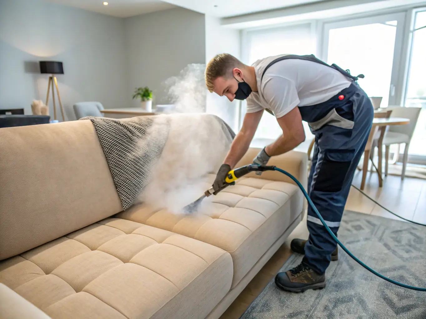 A professional cleaning a sofa in a Miami home, using specialized equipment to remove stains and allergens.