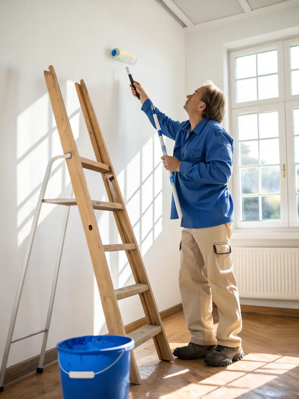An image of a handyman expertly applying a fresh coat of paint to a wall, demonstrating the smooth and even coverage achieved by handy-pro24.com's painting service.