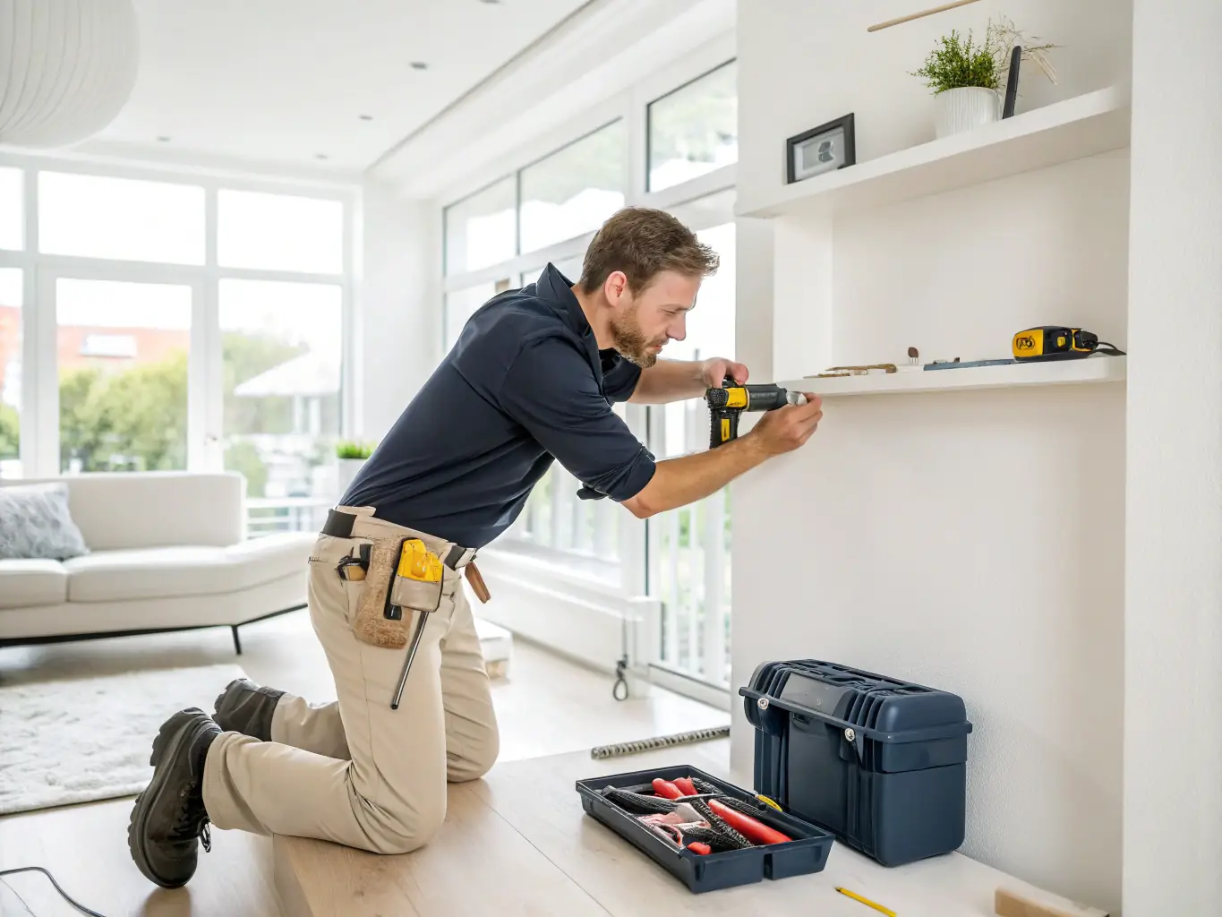 A handyman expertly assembling an IKEA bookshelf in a modern Miami apartment, showcasing precision and efficiency.